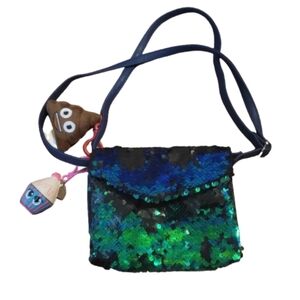 Metallic Blue and Green Sequin Crossbody Bag With Poop Emoji And Cupcake Charms
